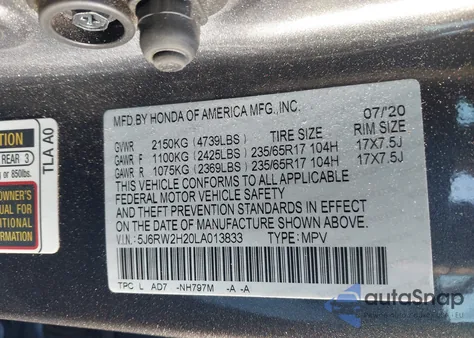 2020 Honda Cr-V Awd Lx z USA, uszkodzony, nr VIN 5J6RW2H20LA013833